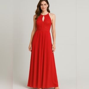 Night Way Halter Maxi Red Dress w/Lace Detail Keyhole at Front Size 14